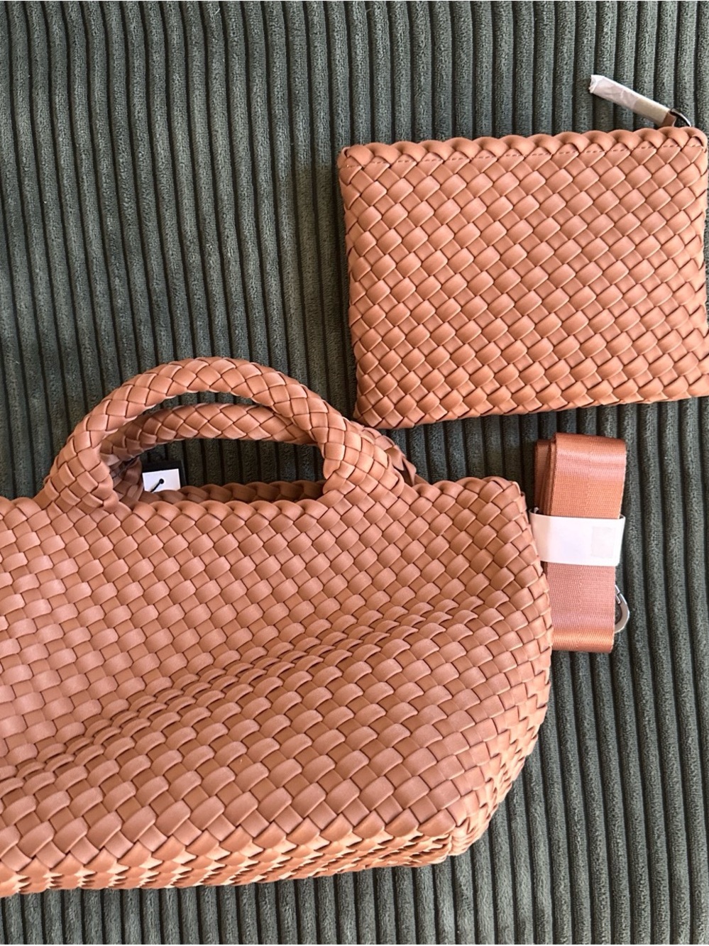 Naghedi Woven Tan Tote with Matching Zip Pouch and Strap